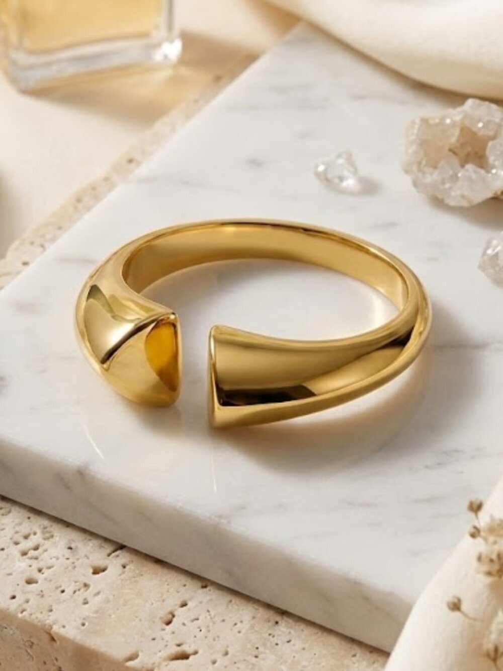 18K Gold Plated 316L Stainless Steel Dome Open Cuff Ring Adjustable Clean Girl